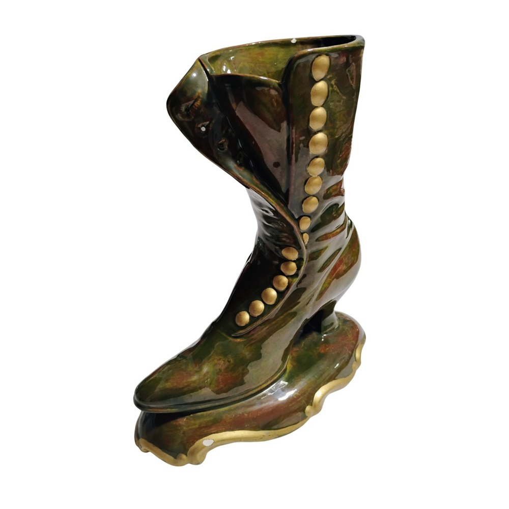 VTG 70s High Heel Boot Planter VASE Green/Gold Luster‎ Ceramic Victorian Style